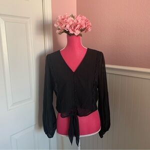 👗Black Chiffon Tie Waisted Long Sleeved Blouse, Lace Accent, size S
